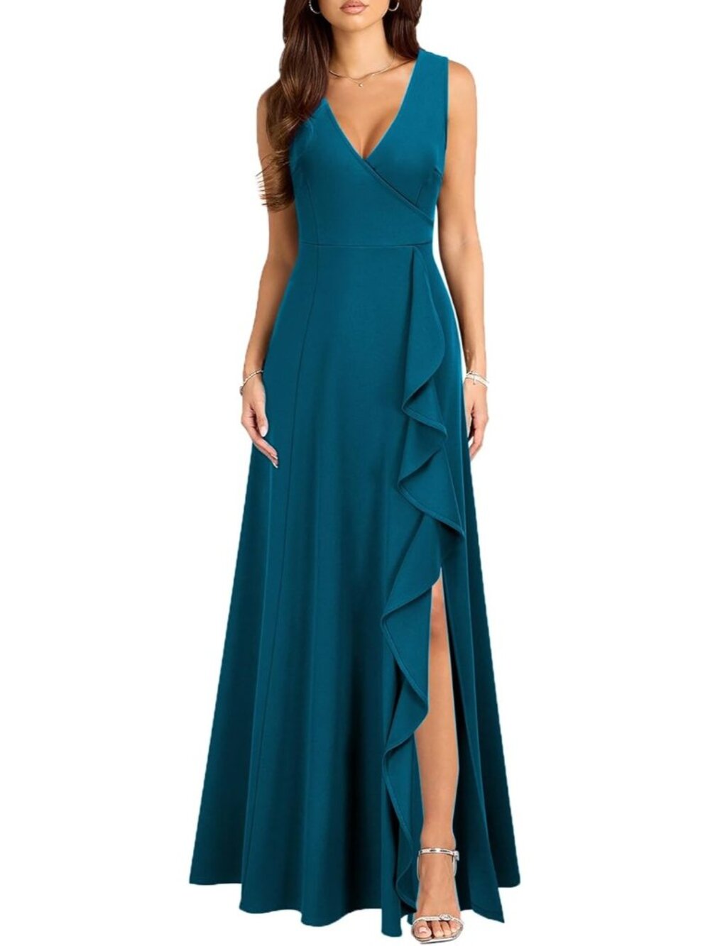 Women's Teal V Neck Sexy Split Cocktail With Pockets Ruffle Party Long Dresses